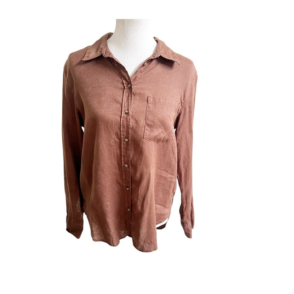 H&M Button-Down Shirt Womens Small Brown Linen Long Sleeve Chest Pocket Classic